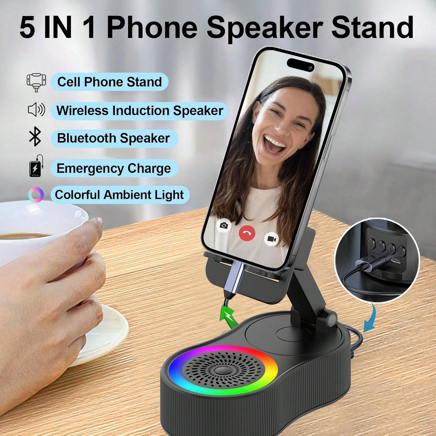 Wireless Induction Bluetooth Speaker 5-in-1 Phone Holder – 2025 Rechargeable Foldable Speaker with Ambient Light