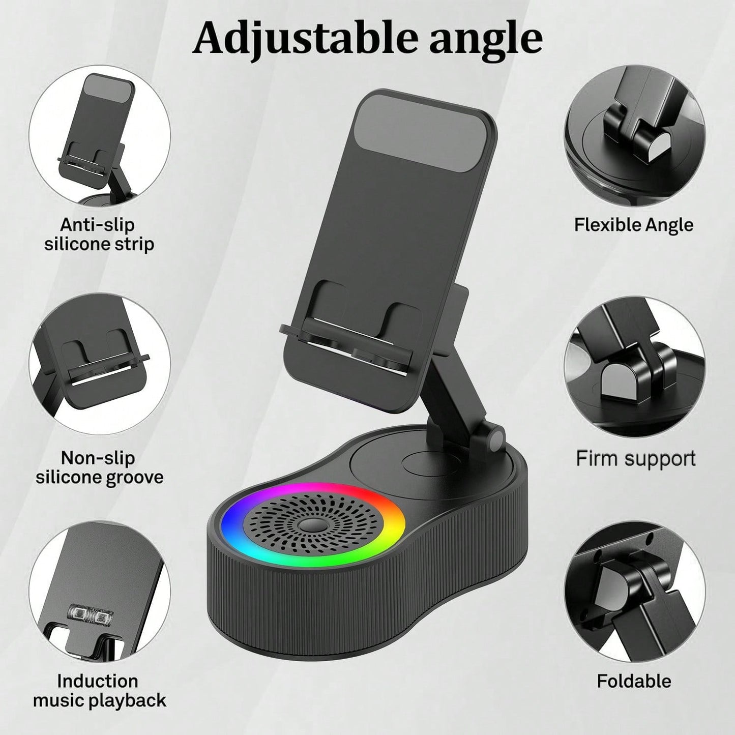 Wireless Induction Bluetooth Speaker 5-in-1 Phone Holder – 2025 Rechargeable Foldable Speaker with Ambient Light