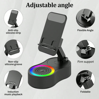 Wireless Induction Bluetooth Speaker 5-in-1 Phone Holder – 2025 Rechargeable Foldable Speaker with Ambient Light