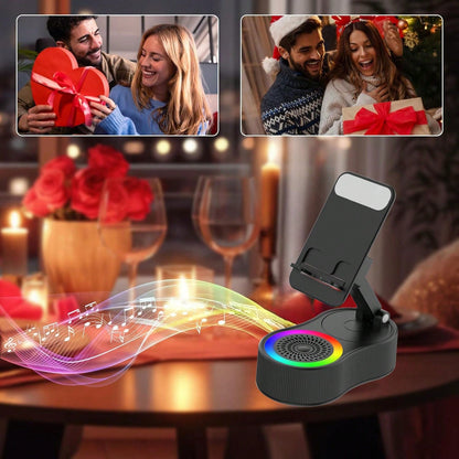 Wireless Induction Bluetooth Speaker 5-in-1 Phone Holder – 2025 Rechargeable Foldable Speaker with Ambient Light