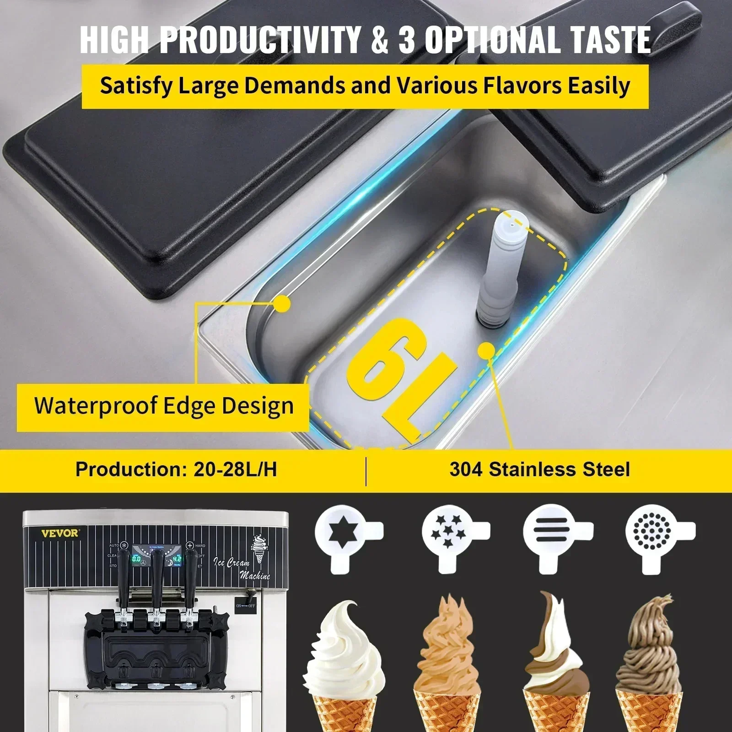 Commercial Soft Ice Cream Machine 2200W 20-28L/H Ice Cream Maker Double 6L Hoppers Ice Cream Making Machine YKF-8228H