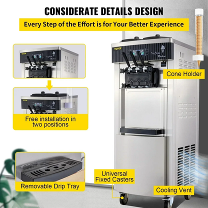 Commercial Soft Ice Cream Machine 2200W 20-28L/H Ice Cream Maker Double 6L Hoppers Ice Cream Making Machine YKF-8228H