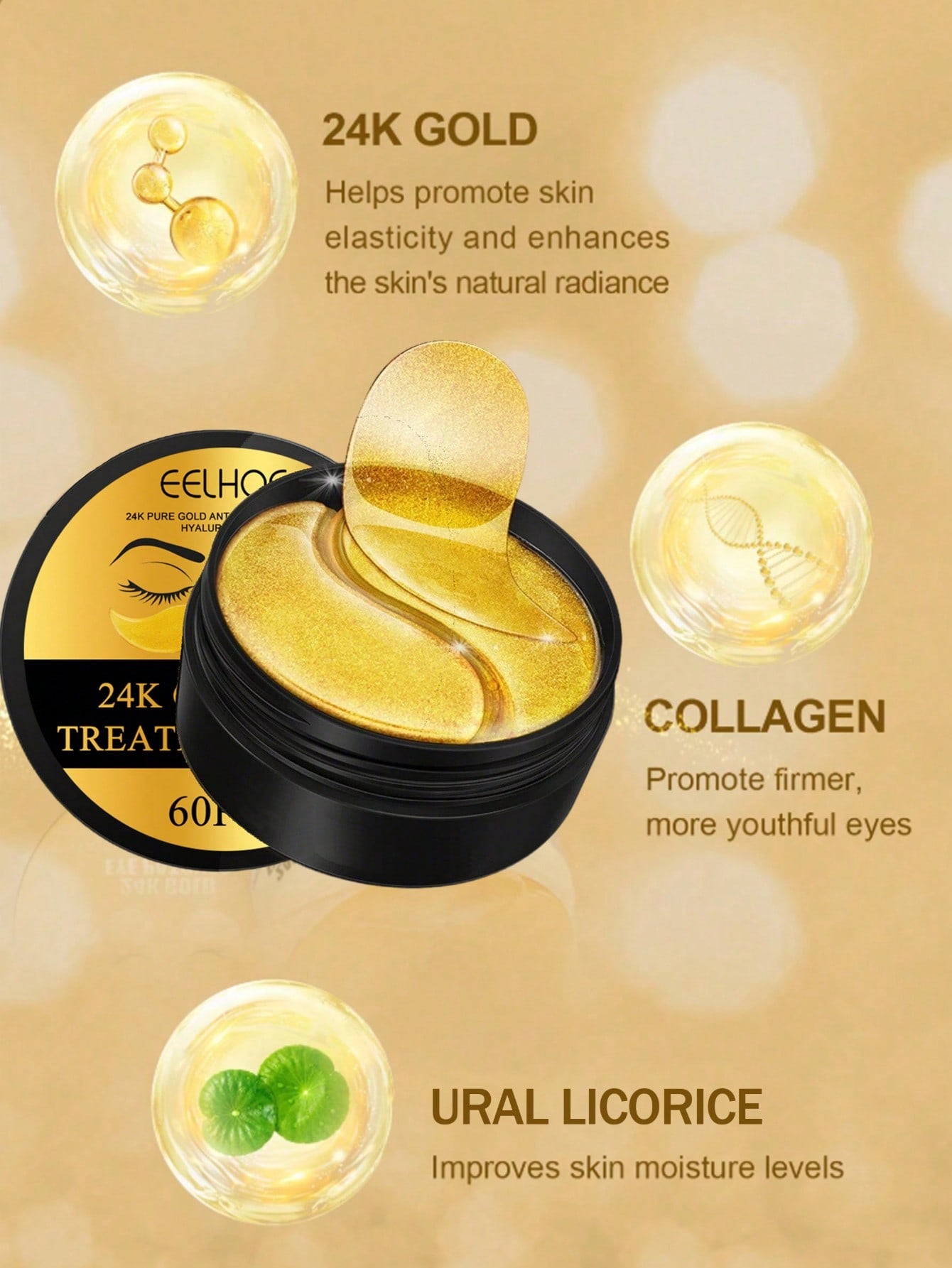 ✨ 60-Piece 24K Gold Eye Mask – Hydrating Firming Gel Patches for Dark Circles