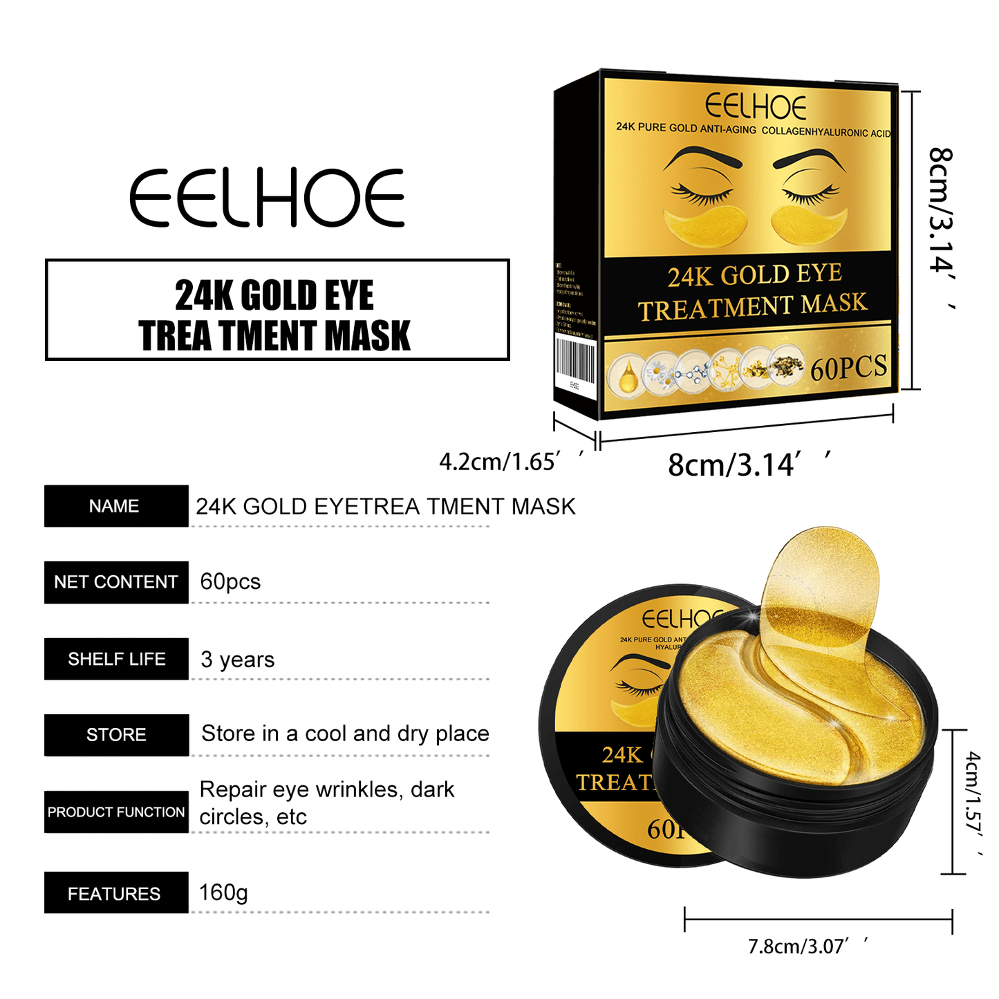 ✨ 60-Piece 24K Gold Eye Mask – Hydrating Firming Gel Patches for Dark Circles