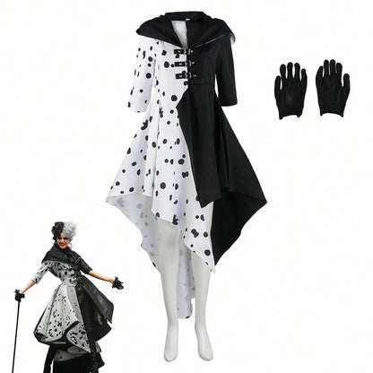 101 Loyal Dog Cosplay Dress – Black & White Witch Kuira Deville Spotted Costume, Halloween Performance Outfit