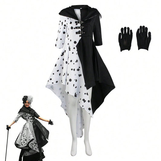 101 Loyal Dog Cosplay Dress – Black & White Witch Kuira Deville Spotted Costume, Halloween Performance Outfit