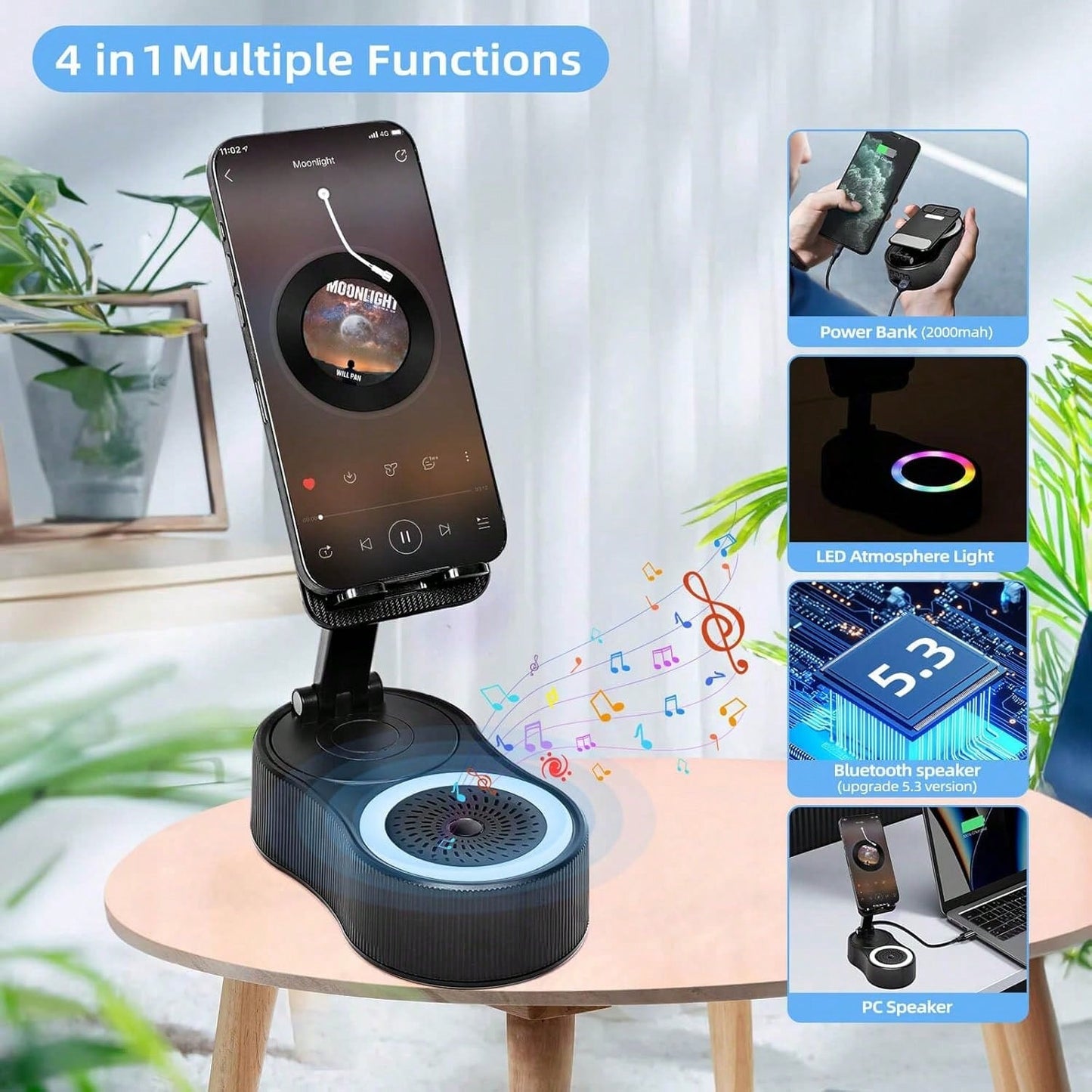 Wireless Induction Bluetooth Speaker 5-in-1 Phone Holder – 2025 Rechargeable Foldable Speaker with Ambient Light
