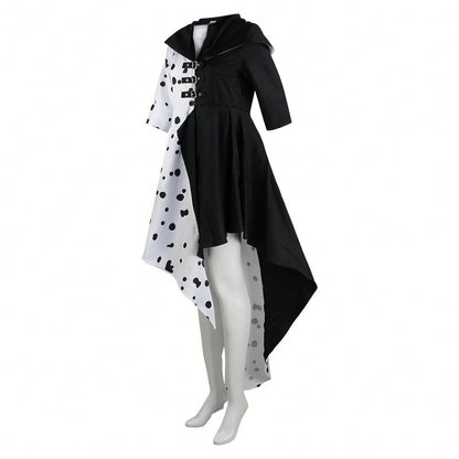 101 Loyal Dog Cosplay Dress – Black & White Witch Kuira Deville Spotted Costume, Halloween Performance Outfit