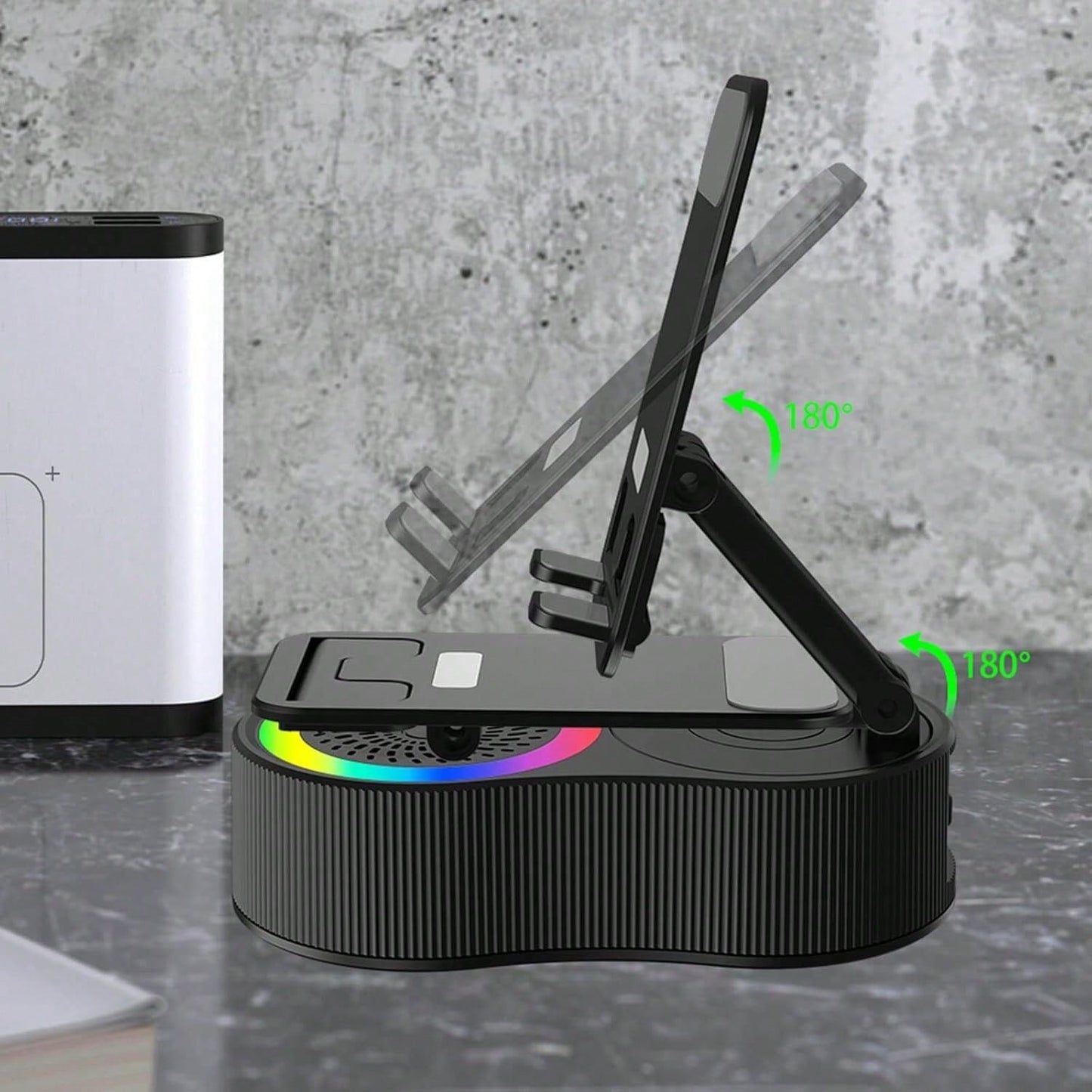 Wireless Induction Bluetooth Speaker 5-in-1 Phone Holder – 2025 Rechargeable Foldable Speaker with Ambient Light