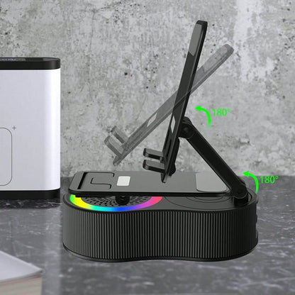 Wireless Induction Bluetooth Speaker 5-in-1 Phone Holder – 2025 Rechargeable Foldable Speaker with Ambient Light