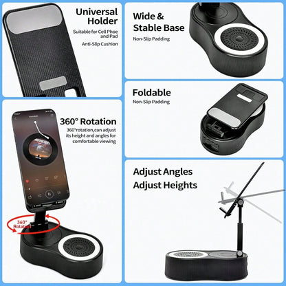 Wireless Induction Bluetooth Speaker 5-in-1 Phone Holder – 2025 Rechargeable Foldable Speaker with Ambient Light