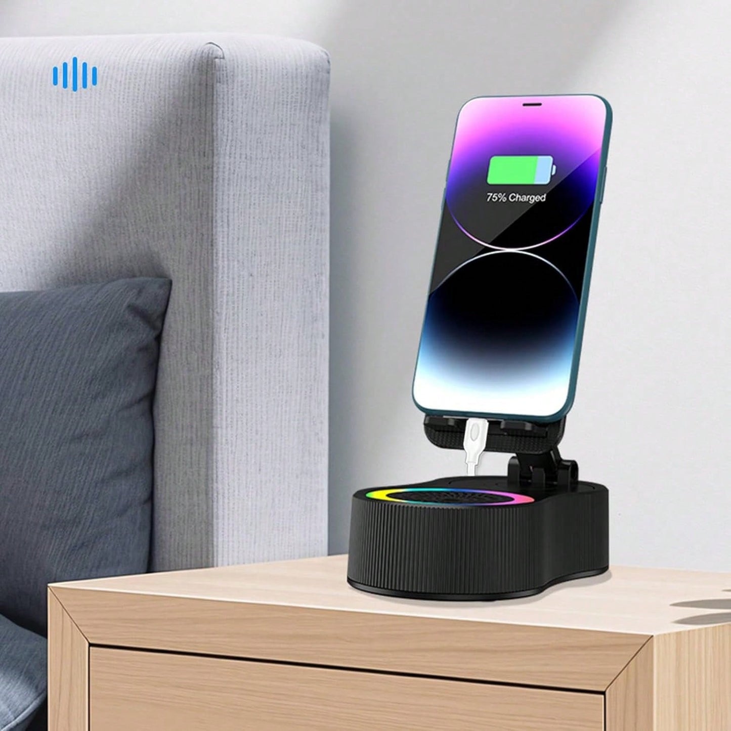 Wireless Induction Bluetooth Speaker 5-in-1 Phone Holder – 2025 Rechargeable Foldable Speaker with Ambient Light