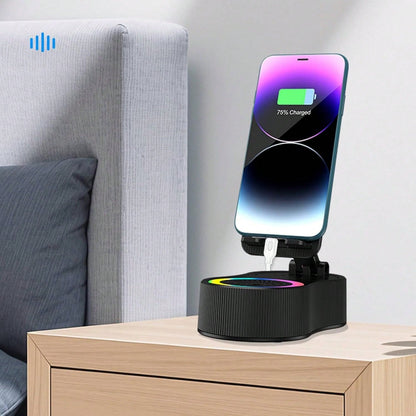 Wireless Induction Bluetooth Speaker 5-in-1 Phone Holder – 2025 Rechargeable Foldable Speaker with Ambient Light