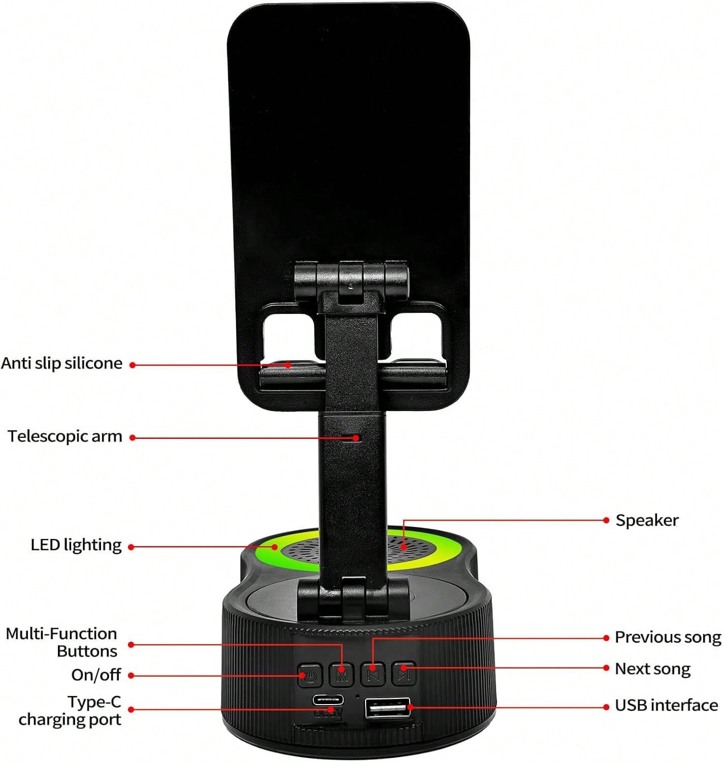 Wireless Induction Bluetooth Speaker 5-in-1 Phone Holder – 2025 Rechargeable Foldable Speaker with Ambient Light