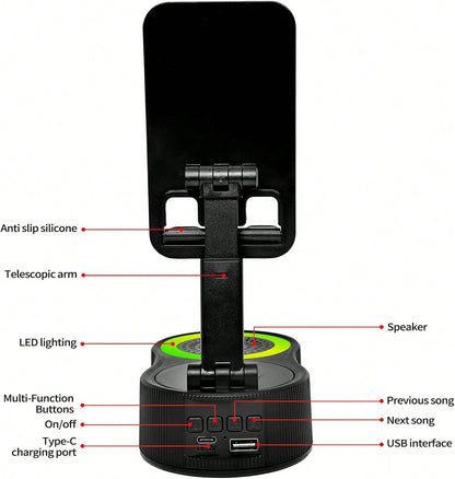 Wireless Induction Bluetooth Speaker 5-in-1 Phone Holder – 2025 Rechargeable Foldable Speaker with Ambient Light