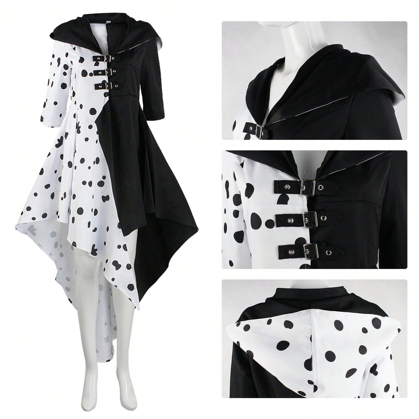 101 Loyal Dog Cosplay Dress – Black & White Witch Kuira Deville Spotted Costume, Halloween Performance Outfit
