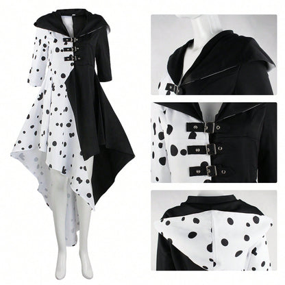 101 Loyal Dog Cosplay Dress – Black & White Witch Kuira Deville Spotted Costume, Halloween Performance Outfit