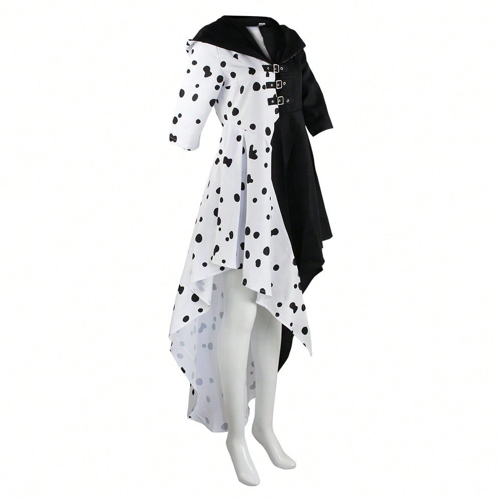 101 Loyal Dog Cosplay Dress – Black & White Witch Kuira Deville Spotted Costume, Halloween Performance Outfit