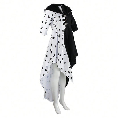 101 Loyal Dog Cosplay Dress – Black & White Witch Kuira Deville Spotted Costume, Halloween Performance Outfit