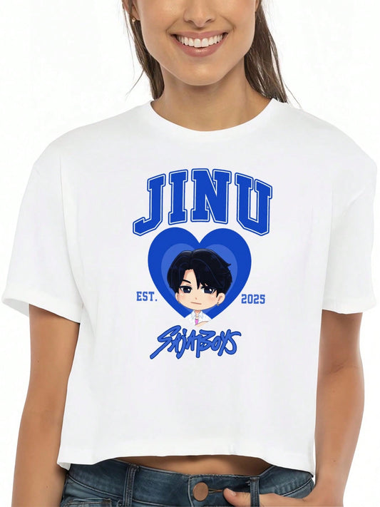 Jinu Sajaboys Women’s Cropped Short Sleeve Tee – Soft Cotton, Black & White, Regular Fit