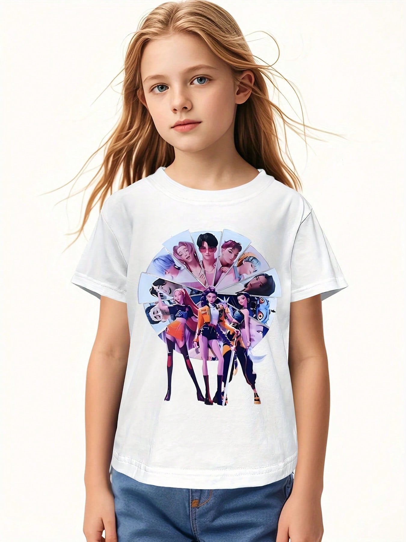 2025 Halloween Girls’ K-pop Inspired Graphic T-Shirt – Chibi Anime Character Print Casual Top