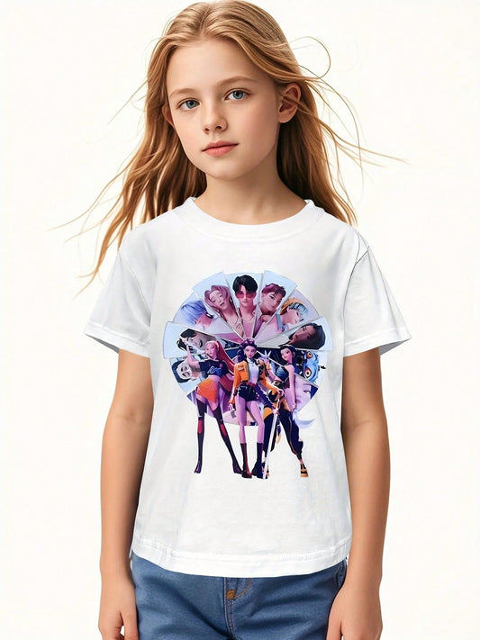 2025 Halloween Girls’ K-pop Inspired Graphic T-Shirt – Chibi Anime Character Print Casual Top