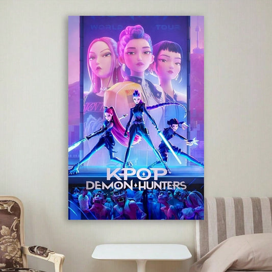 Framed K-Pop Demon Hunters Anime Poster – Purple Battle Canvas Wall Art for Living Room, Bedroom & Dorm