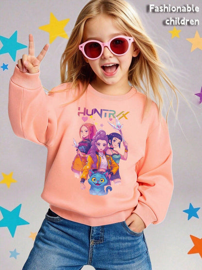 Witch Hunter Group Girls’ Sweatshirt – Autumn Round-Neck Casual Sportswear, Soft & Comfortable