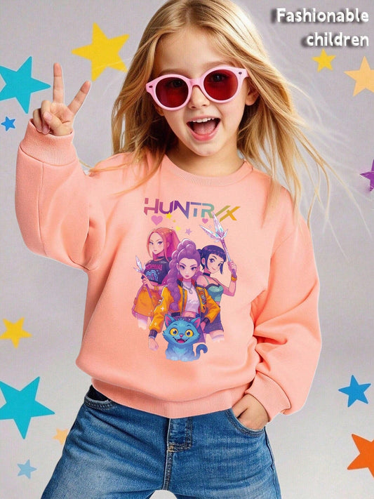 Witch Hunter Group Girls’ Sweatshirt – Autumn Round-Neck Casual Sportswear, Soft & Comfortable