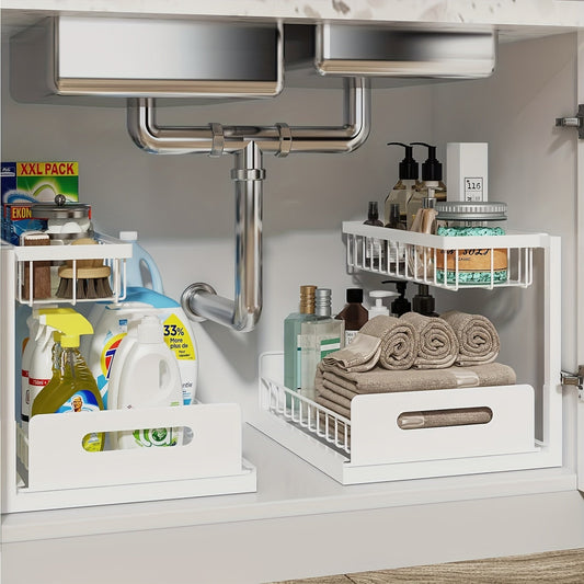 2-Layer Under-Sink Pull-Out Organizer Rack (2-Pack) – Adjustable Height Sliding Storage for Kitchen & Bathroom Cabinets, 13.78″ D × 10.83″ W