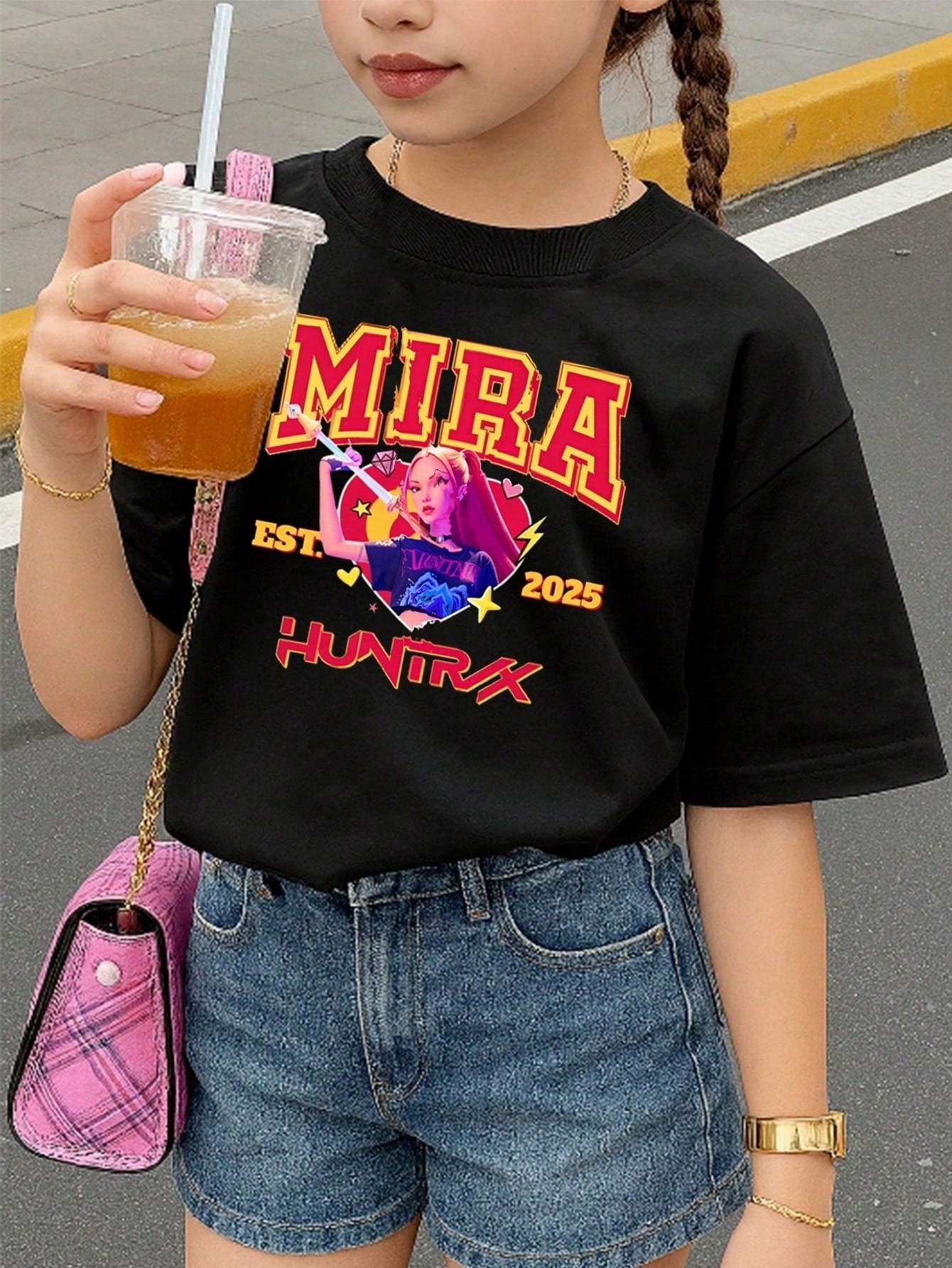 Girls’ K-pop Theme Mira T-Shirt – Summer Graphic Tee with Bold Text & Character Print
