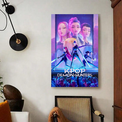 Framed K-Pop Demon Hunters Anime Poster – Purple Battle Canvas Wall Art for Living Room, Bedroom & Dorm