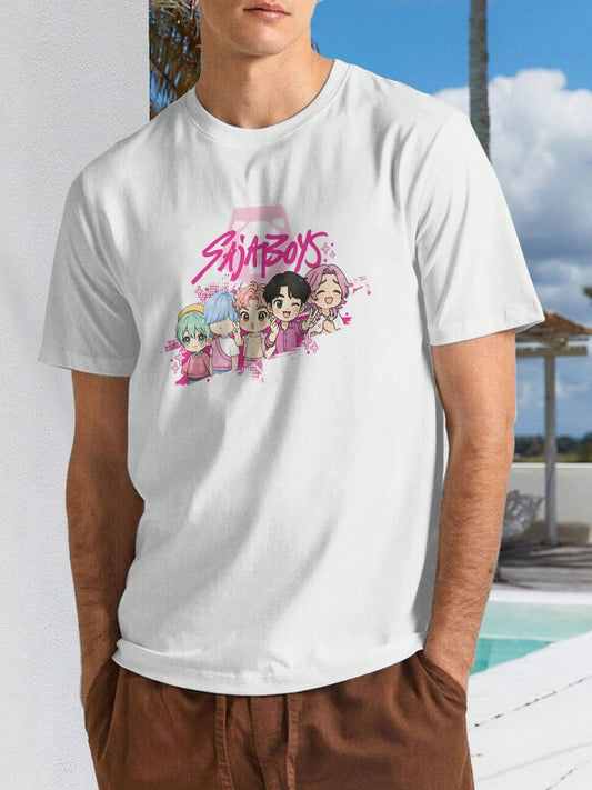 Unisex K-pop Graphic T-Shirt – “Demon Hunters” Chibi Band Design, Casual Crew Neck Tee, 180g
