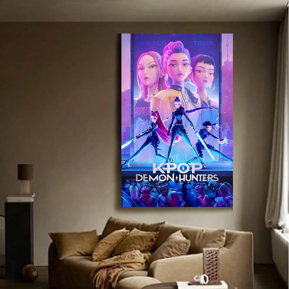 Framed K-Pop Demon Hunters Anime Poster – Purple Battle Canvas Wall Art for Living Room, Bedroom & Dorm