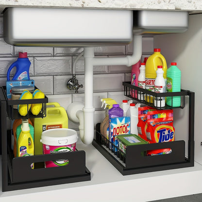 2-Layer Under-Sink Pull-Out Organizer Rack (2-Pack) – Adjustable Height Sliding Storage for Kitchen & Bathroom Cabinets, 13.78″ D × 10.83″ W