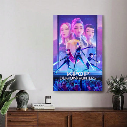 Framed K-Pop Demon Hunters Anime Poster – Purple Battle Canvas Wall Art for Living Room, Bedroom & Dorm