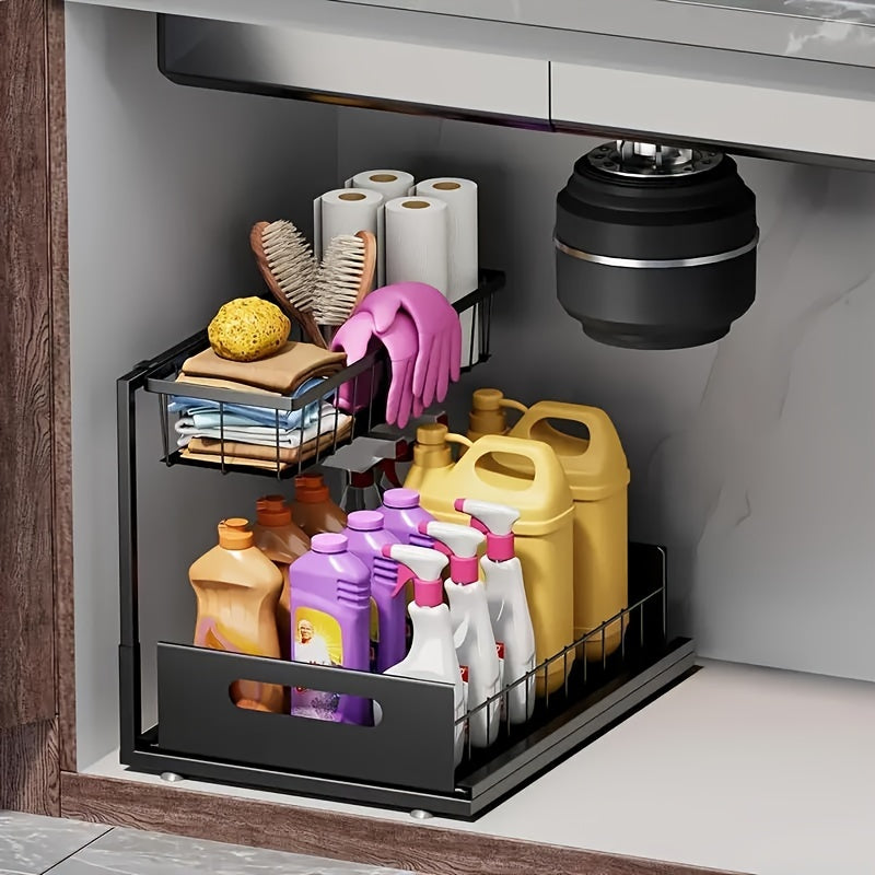 2-Layer Under-Sink Pull-Out Organizer Rack (2-Pack) – Adjustable Height Sliding Storage for Kitchen & Bathroom Cabinets, 13.78″ D × 10.83″ W