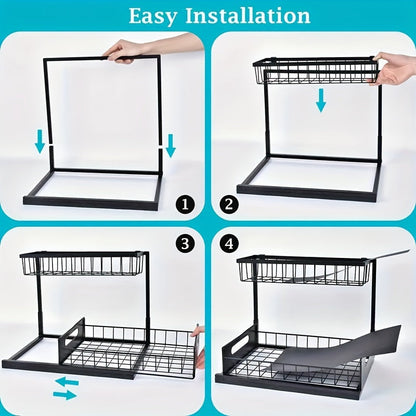 2-Layer Under-Sink Pull-Out Organizer Rack (2-Pack) – Adjustable Height Sliding Storage for Kitchen & Bathroom Cabinets, 13.78″ D × 10.83″ W