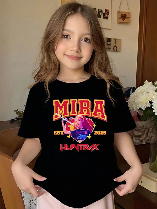 Girls’ K-pop Theme Mira T-Shirt – Summer Graphic Tee with Bold Text & Character Print