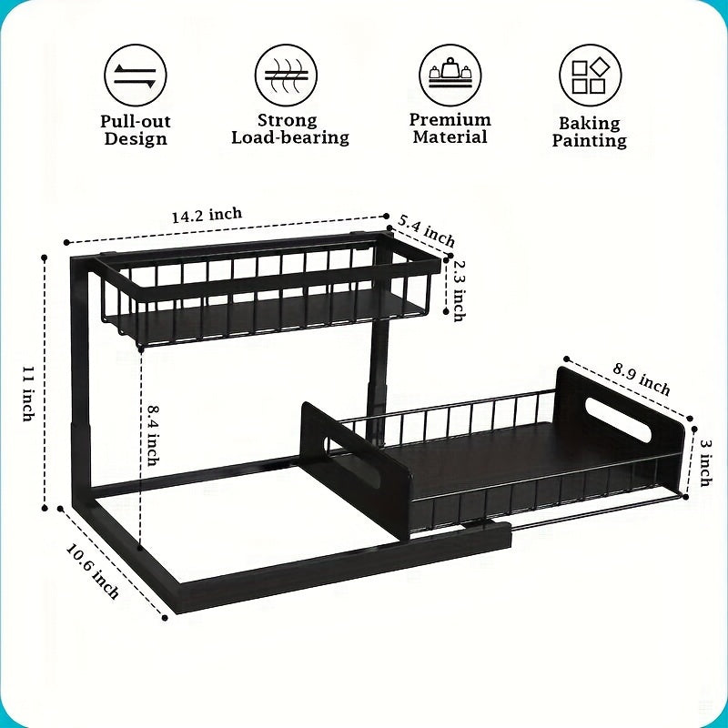 2-Layer Under-Sink Pull-Out Organizer Rack (2-Pack) – Adjustable Height Sliding Storage for Kitchen & Bathroom Cabinets, 13.78″ D × 10.83″ W