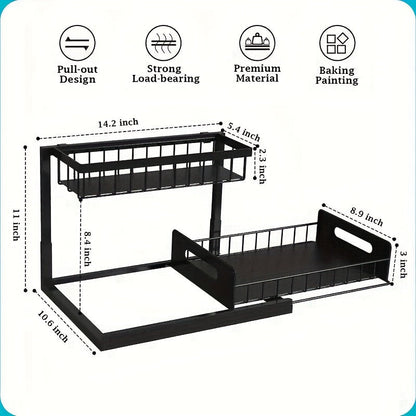 2-Layer Under-Sink Pull-Out Organizer Rack (2-Pack) – Adjustable Height Sliding Storage for Kitchen & Bathroom Cabinets, 13.78″ D × 10.83″ W