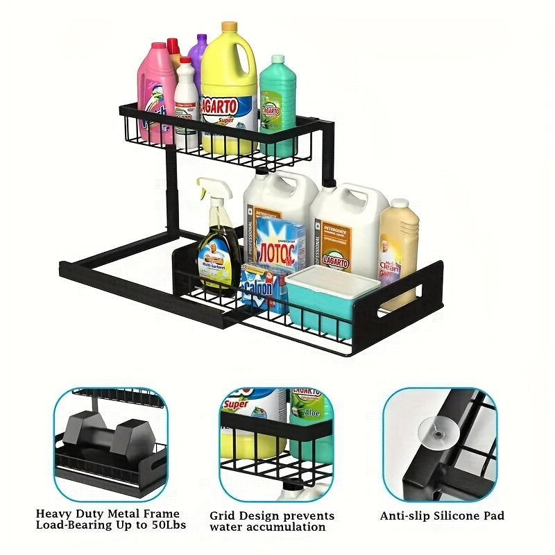 2-Layer Under-Sink Pull-Out Organizer Rack (2-Pack) – Adjustable Height Sliding Storage for Kitchen & Bathroom Cabinets, 13.78″ D × 10.83″ W