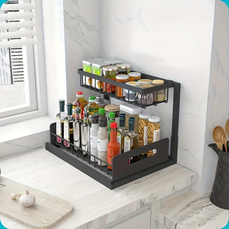 2-Layer Under-Sink Pull-Out Organizer Rack (2-Pack) – Adjustable Height Sliding Storage for Kitchen & Bathroom Cabinets, 13.78″ D × 10.83″ W