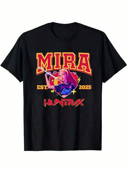 Girls’ K-pop Theme Mira T-Shirt – Summer Graphic Tee with Bold Text & Character Print