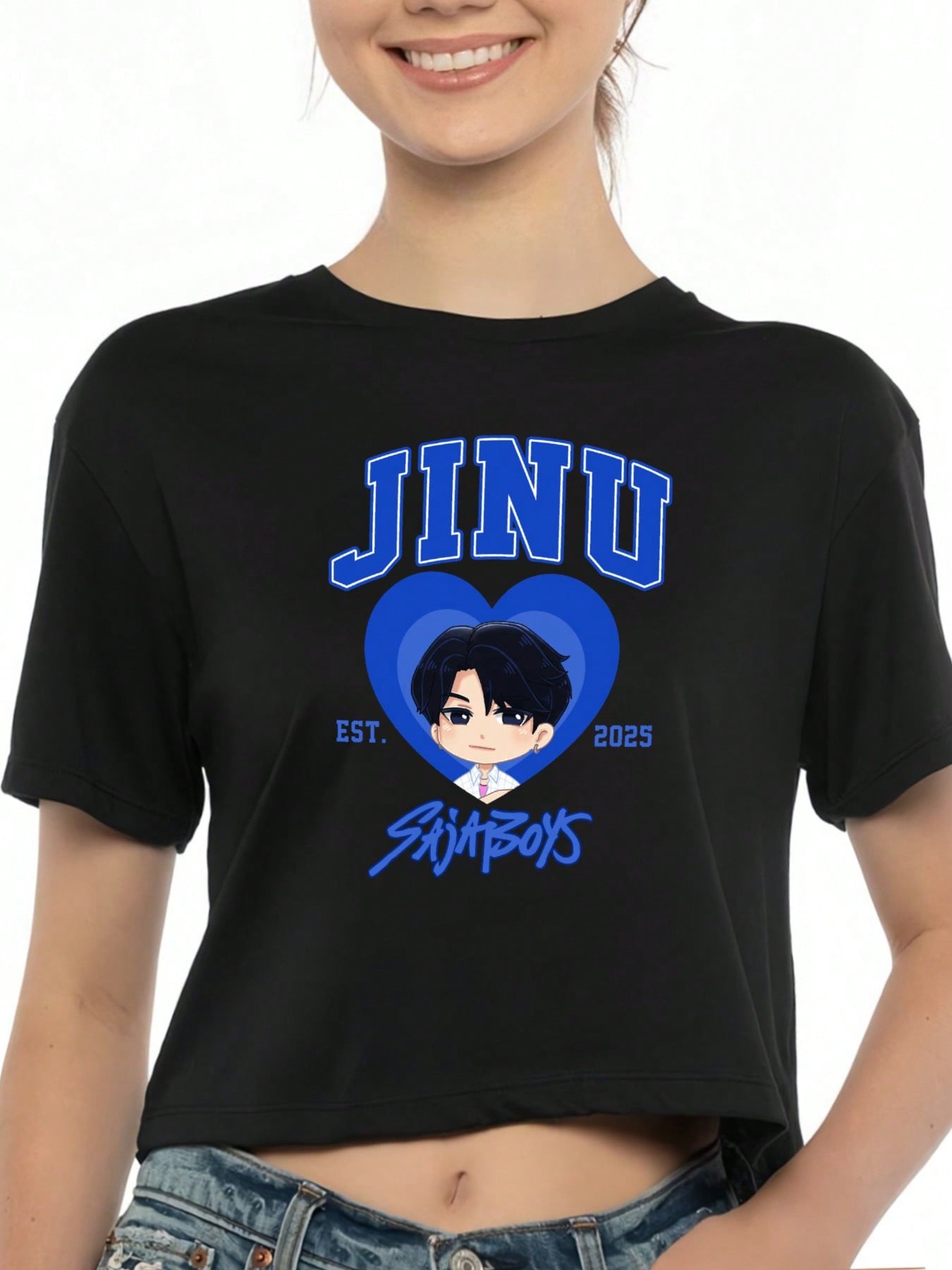 Jinu Sajaboys Women’s Cropped Short Sleeve Tee – Soft Cotton, Black & White, Regular Fit