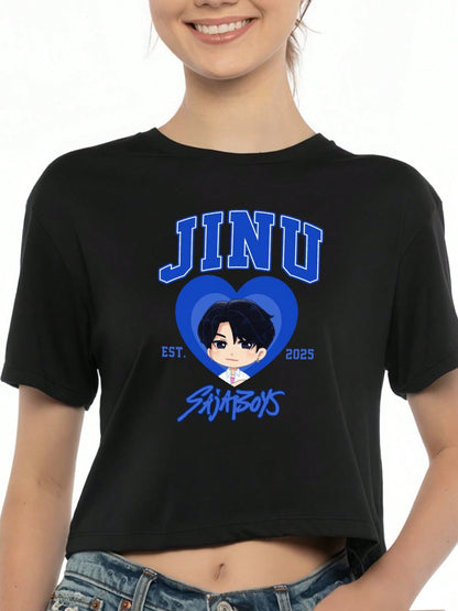 Jinu Sajaboys Women’s Cropped Short Sleeve Tee – Soft Cotton, Black & White, Regular Fit