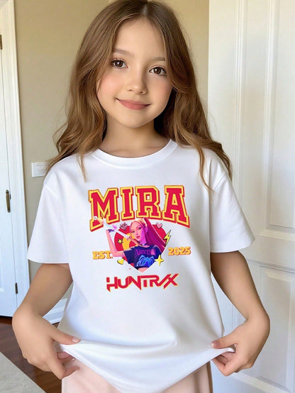 Girls’ K-pop Theme Mira T-Shirt – Summer Graphic Tee with Bold Text & Character Print