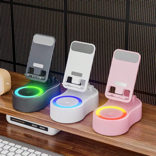 Wireless Induction Bluetooth Speaker 5-in-1 Phone Holder – 2025 Rechargeable Foldable Speaker with Ambient Light