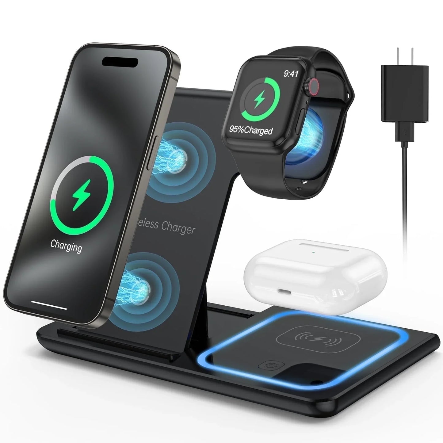 18W 3-in-1 Wireless Charging Station for iPhone 16/15/14/13/12, Apple Watch & AirPods, Fast Charger for Samsung Galaxy S23/S22/S21 – Pink