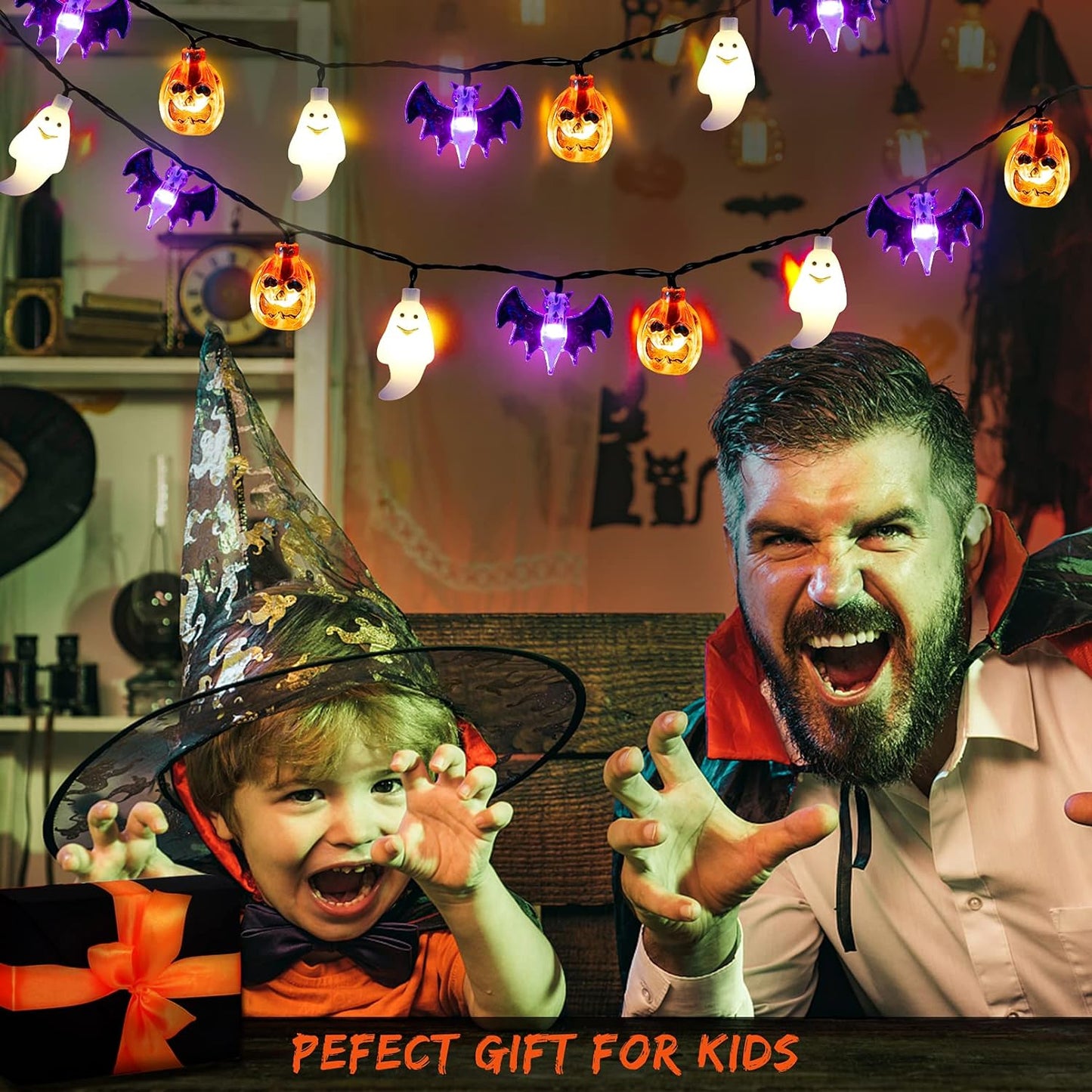 Halloween Lights, 20Ft 30 LED Pumpkin Ghost Bat String Lights Battery Operated with Timer, 8 Light Modes Halloween Fairy Lights for Indoor Outdoor Party Home Yard Window Decor